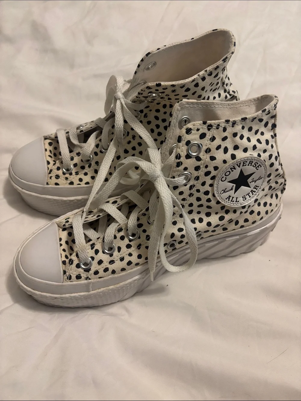 Converse High Top platform Sneakers in Cream with Black Spot Print